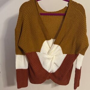 Twist-Front Colorblock V-Neck Sweater in Mustard, Rust & Cream
